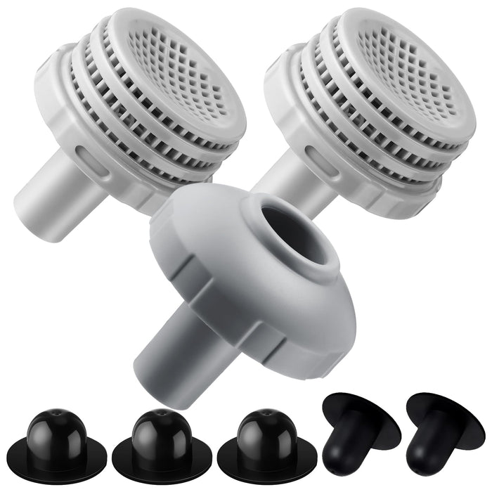 Pushglossy 1 Set Swimming Pool Water Jet Connectors Replacement Parts Kit Small Strainers with Pool Outlet Strainers, Inlet Nozzles and Hole Plugs with 1.25 Inch Fittings (Black,Grey)