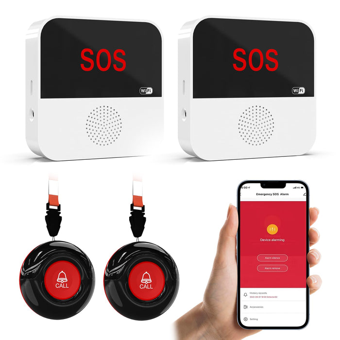 WiFi Caregiver Pager System Wireless Call Button Life Alert Systems Call Bell Fast Help Panic Button for Elderly Patient Seniors Disabled 2 Emergency Button 2 Receiver (only Supports 2.4GHz Wi-Fi)