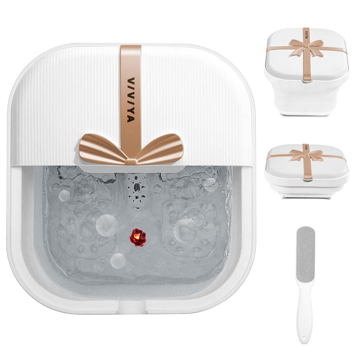 VIVIYA Collapsible Foot Bath Spa with Heat and Massage Rollers, Foldable Foot Soak Tub with Bubbles Jets and LED Light, Pedicure Foot Spa Massager with Foot Scrubber for Home Use (White)