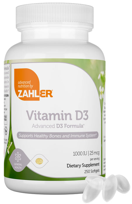 Zahler - Advanced Vitamin D3 1000 IU Softgels (250 Count) Kosher Vegetarian Friendly Vitamin D for Immune Support, Bone, Teeth & Muscle Health - Daily D3 Vitamin Supplement for Adults - Easy Swallow V