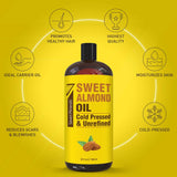 Seven Minerals, Pure Cold Pressed Sweet Almond Oil - Big 32 fl oz Bottle - Unrefined &100% Natural - For Skin & Hair, with No Added Ingredients - Perfect Carrier Oil for Essential Oils