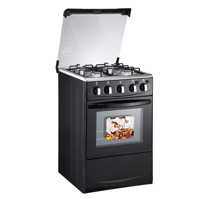 Gas Range with Double-Layer Glass Door, 4 Burners, Cast Iron Rack, 60L Capacity, Dedicated LPG