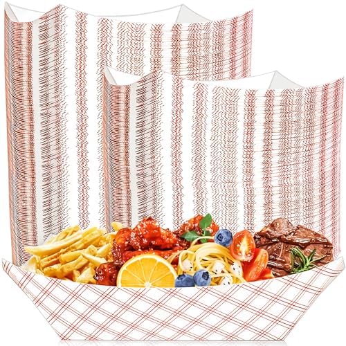 MotBach 100 Pack 3Lb Checkered Paper Food Boat Trays Disposable Paper Plate Boats, Kraft Food Trays Colored Paper Food Serving Tray Boat Bowls for Snack Sandwich Dessert Taco Fries BBQ Popcorn Nacho