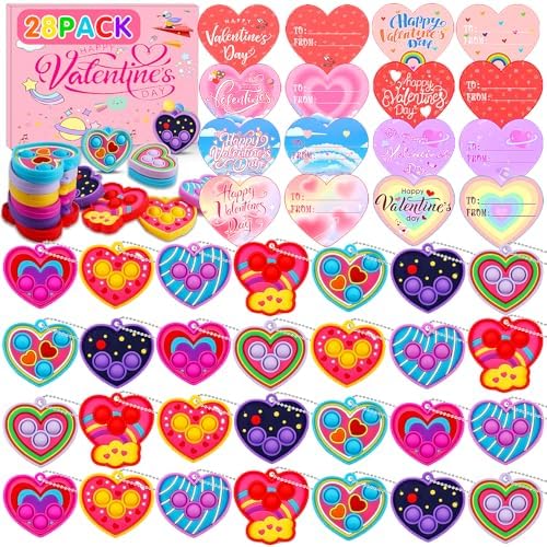 ChildFun Valentines Day Gifts for Kids School, 28 Pack Heart Pop Fidget Toys with Valentines Cards for Kids Classroom, Kids Valentines Day Gifts for School, Classroom Exchange Party Favors Prizes