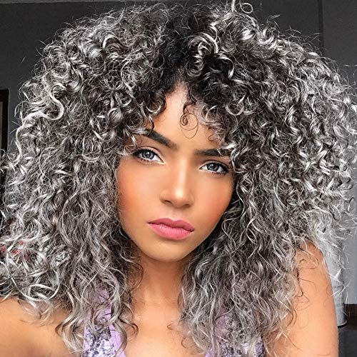 YEAME Curly Wigs for White Women - Kinky Curly Afro Wig with Bangs Ombre Gray Color Synthetic Mixed Wigs with 1 Wig Comb and 4pcs Wig Caps