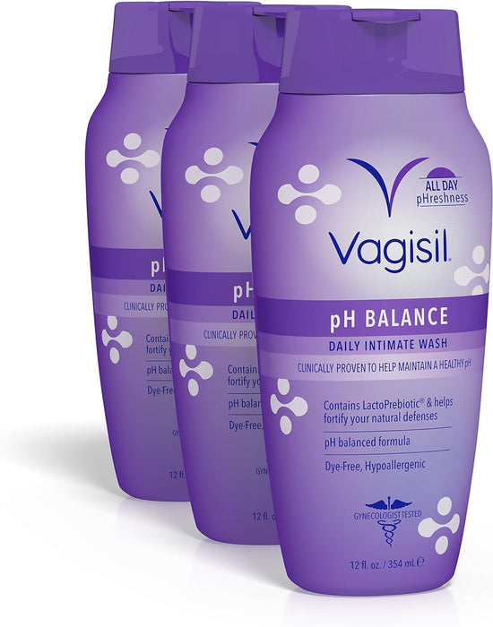 Vagisil Feminine Wash for Intimate Area Hygiene, pH Balance, Gynecologist Tested, Hypoallergenic, 12 oz, (Pack of 3)