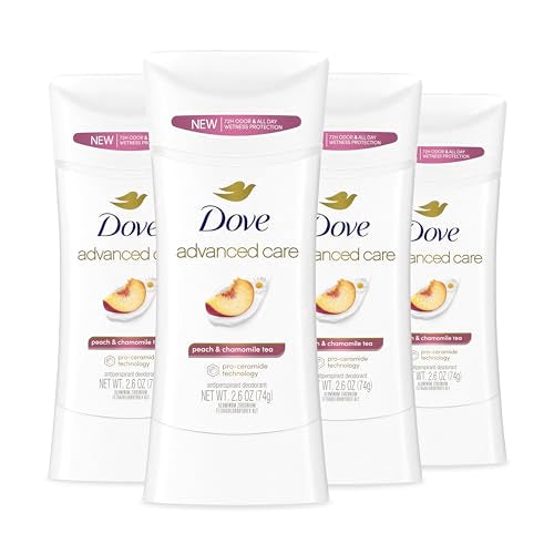Dove Advanced Care Antiperspirant Deodorant Stick Peach & Chamomile Tea 4 Count for helping your skin barrier repair after shaving 72 hour odor control and all-day sweat protection 2.6 oz