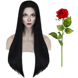 shecool Black Wig for Costume Wig with Red Rose Long Black Middle Part Synthetic Hair Wig Natural Wigs for Halloween Costume Party SL009BK