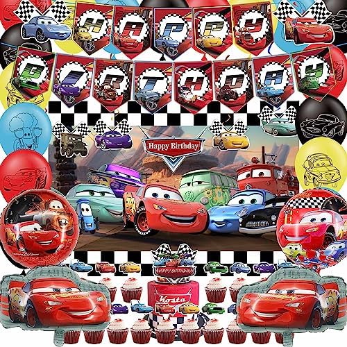Cars Party Decorations, Cars Birthday Party Supplies Include Birthday Banner, Hanging Swirls, Balloons, Backdrop, Cake Toppers for Cars Decorations Party Favor