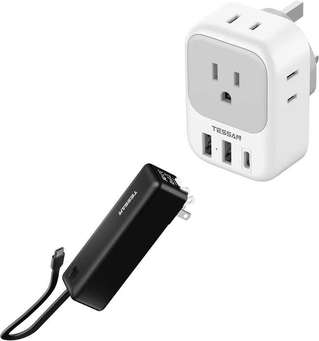 US to UK Plug Adapter, TESSAN Type G Travel Converter with 3 USB Charger (1 USB C Port), 4 Outlets Power Adaptor, in 1 Power Bank 20W Fast Charging