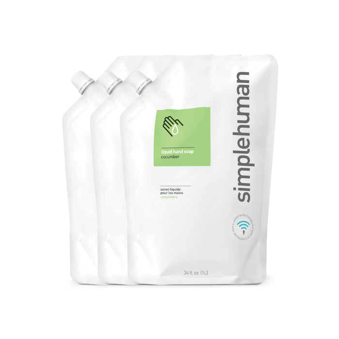 simplehuman Cucumber Moisturizing Liquid Hand Soap Refill Pouch, 34 Fl. Oz. (Pack of 3)