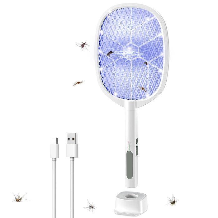 Electric Fly Swatter,4000V Bug Zapper Racket,2 in 1 Mosquito Zapper Racket with 1200ml Battery Rechargeable Purple Mosquito Killer Lamp with 3 Layers of Safety Net Suitable for Indoor and Outdoor