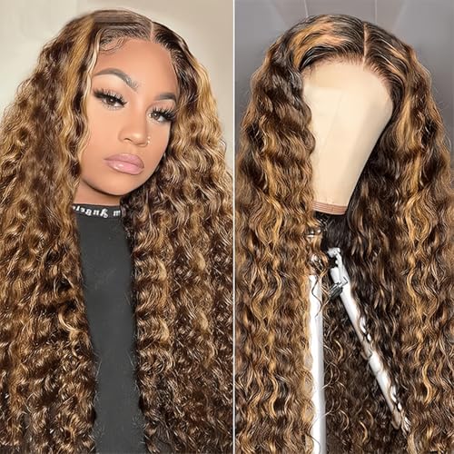 NVL Ombre Highlight Deep Wave Lace Front Wigs Human Hair Glueless Wigs Pre Plucked with Baby Hair 13x4 HD Transparent Lace Frontal Wigs Human Hair 200% Density 4/27 Honey Blonde Deep Wave Wig 24 Inch