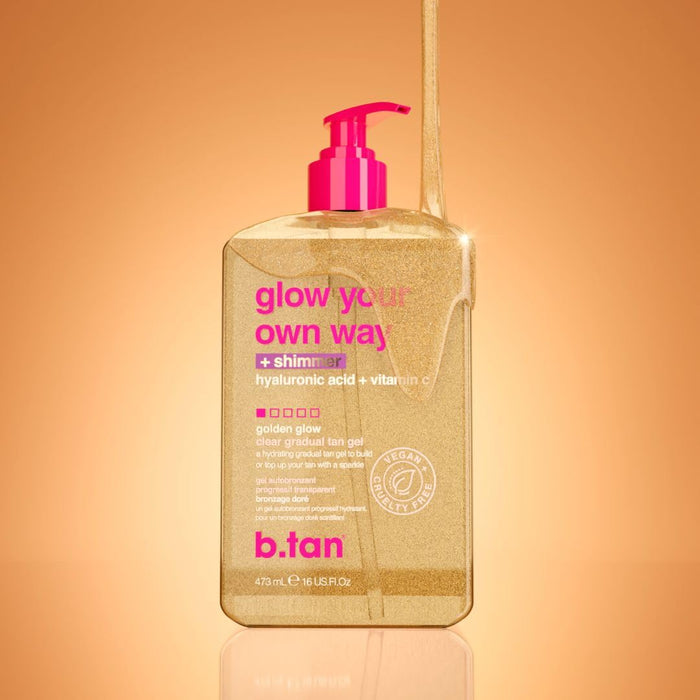 b.tan Clear Gradual Self Tan Gel | Glow Your Own Way Shimmer - Sunkissed Golden Bronze, Transfer Free, Best Extender, Moisturizing, Non Toxic Sunless Tanning Lotion, No Fake Tanner Smell, 16 Fl Oz