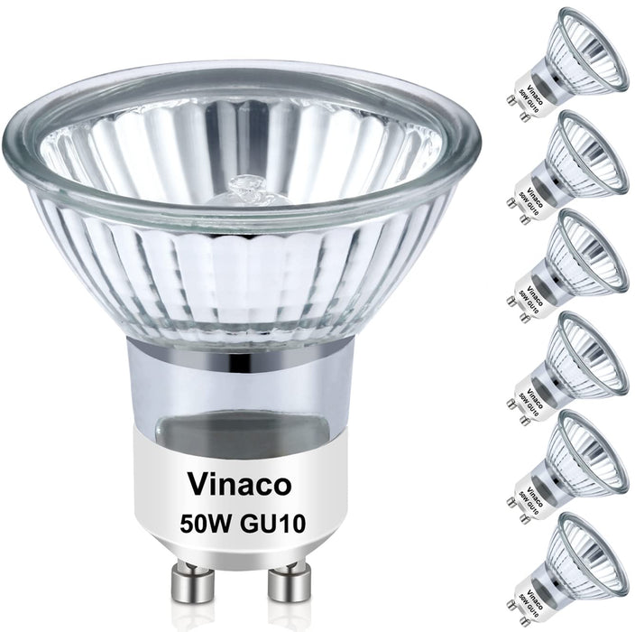 Vinaco GU10 Bulb, 6 Pack Halogen 120V 50W, Dimmable, MR16 GU10 Light Bulb with Long Lasting Lifespan, gu10+c for Track&Recessed Lighting, Gu10 Base Bulb, 50W MR16/FL/GU10, Warm White