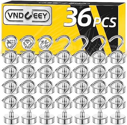 VNDUEEY 36 Pack Magnetic Hooks, 25Lbs Heavy Duty Magnetic Hook, Strong Metal Magnet Hooks for Cruise Cabin, Magnets with Hooks for Hanging, Magnetic Hook for Kitchen, Garage, Classroom, and Office