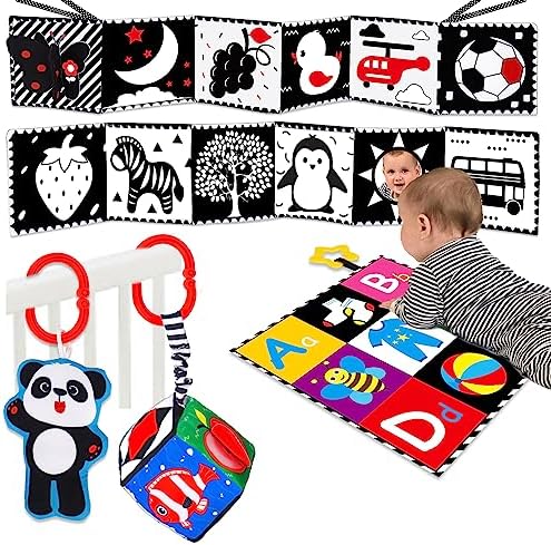 4 PCS Black and White High Contrast Baby Toys 0-3-6 Months Newborn Essential Montessori Toys for Babies Crinkle Sensory Book for Brain Development Tummy Time Mirror Infant Carseat Rattle 9 Month Gift