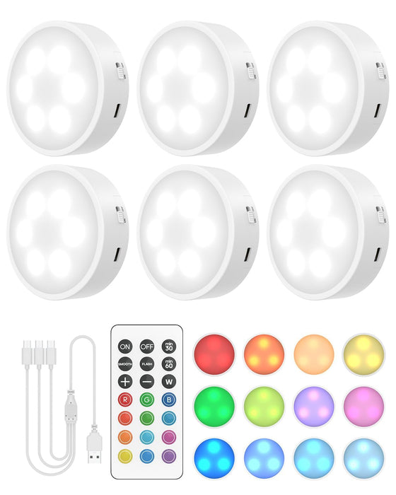 Puck Lights with Remote, Rechargeable White&13 RGB Colors Tap Lights, 6Pack