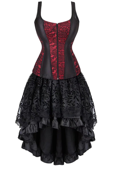 Dress Corset Skirt Lingerie Floral Front Zipper Bustier Straps Vest Burlesque Halloween Plus Size Sexy Red M