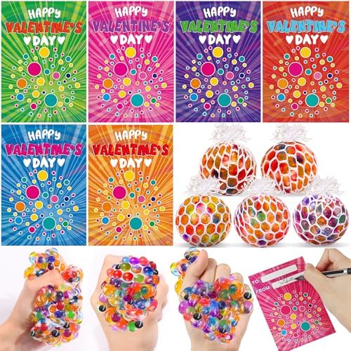 24 Pack Valentines Day Gifts for Kids Classroom Fidget Stress Balls with Valentines Cards Stress Relief Toys Squeeze Ball for Kids Boys Girls School Exchange Cards Gifts Valentines Party Favors Prizes