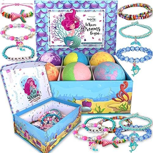 Mermaid Bath Bombs for Girls with Jewelry Inside & Jewelry Box for Kids - Organic, Skin Moisturizing, Natural Bubble Bath Bombs for Kids with Surprise Toys, Valentines Day Gifts for Kids, Boys, Girls