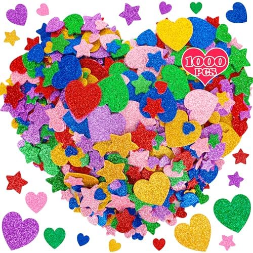 1000 PCS Foam Heart Stickers, Glitter Foam Hearts for Crafts, Self-Adhesive Valentine Day Decor, 3 Sizes Valentine Foam Stickers Heart Star Foam Stickers for Kids Crafts DIY Cards Envelop Frame