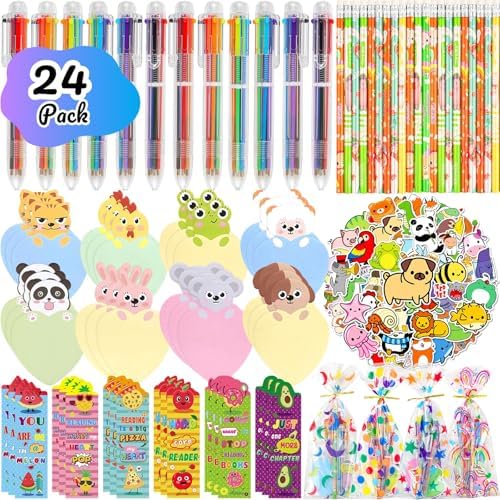 Stationery Party Favors, 24Pack School Stationery Set with 6-in-1 Multicolor Pens Pencils Motivational Bookmarks Stickers for Goodie Bags Birthday Classroom Gifts for Kids Students Bulk