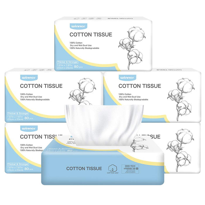 Winner Disposable Face Towels - 100% USA Cotton Dry Wipes, 480 Count Unscented Cotton Tissues for Sensitive Skin, OEKO-TEX Certified Face Towelettes, Makeup Remover Clean Skin Towels, 6 Pack