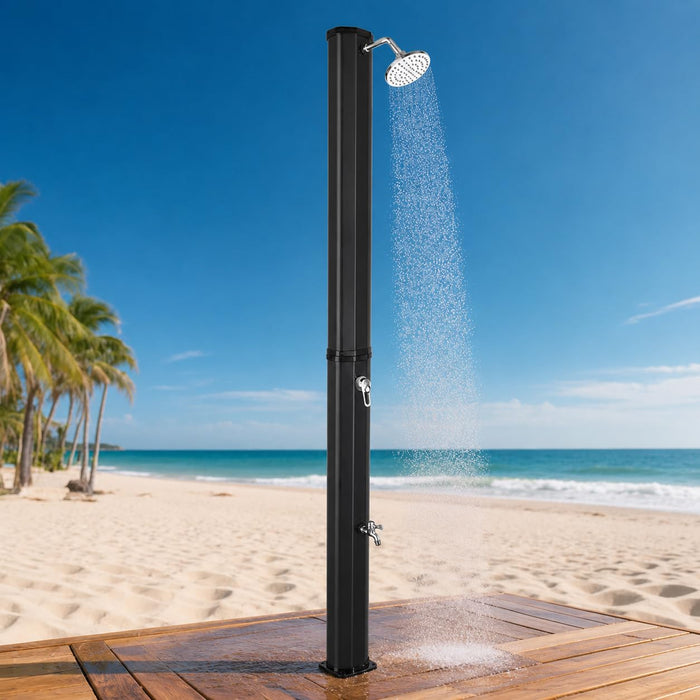 VINGLI 9.3 Gallon Solar Heated Outdoor Shower, 7.2 FT Height, Freestanding Outside Shower with 360° Swivel Shower Head & Foot Faucet, Hot & Cold Water Adjustment, Black