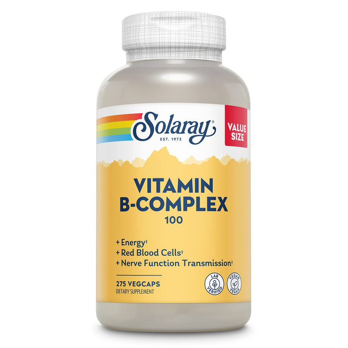 SOLARAY Vitamin B Complex 100 mg, Healthy Energy Supplement, Red Blood Cell Formation, Nerve & Immune Support, Super B Complex Vitamins, Folic Acid, Vitamin B6, B12, Biotin, Vegan, 275 VegCaps