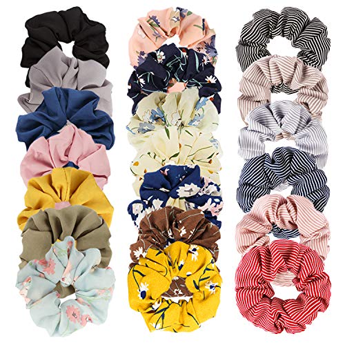 Velscrun 20 Pcs Floral Plaid Solid Color Scrunchies, Scrunchies for Girls Women with Chiffon, Hair Scrunchies for Women's Hair Elastics Bands Ponytail Holder Bulk, Hair Accessories Hair Ties Gifts