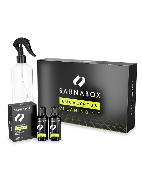 SAUNABOX All-Natural Sauna Cleaning Kit | Eco-Friendly Eucalyptus Multi-Surface Cleaner Concentrate – Chemical-Free & Biodegradable | Safe for Sauna Tents, Benches & Mats (2x1 FL.OZ./30mL)