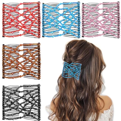 5 Pieces Stretchy Beaded Hair Accessories - Adjustable Elastic Clips, No Crease Pins for Curly Thick Wavy Hair Ponytails, Vintage Bun Makers for Women and Girls