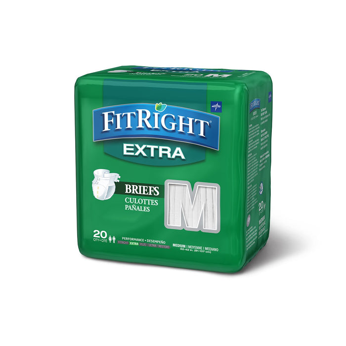 Medline FitRight OptiFit Extra Adult Briefs with Tabs, Moderate Absorbency, Medium, 32"-42", 4 packs of 20 (80 total)