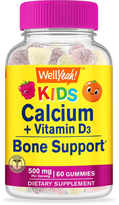 WellYeah Calcium 500mg + Vitamin D3 1000 IU (25 mcg) Gummies for Kids - Bone Health and Muscle Supprt, Immune Support Gummy, Non GMO, Gluten Free, Mix Fruit Flavors - 60 Gummies