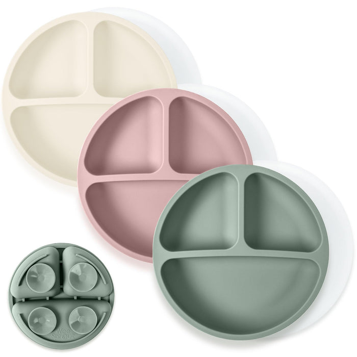 WeeSprout Suction Plates with Lids for Babies & Toddlers - 100% Silicone, Dinnerware Stays Put, Divided Design for Picky Eaters, Microwave & Dishwasher Friendly, 3 Pack