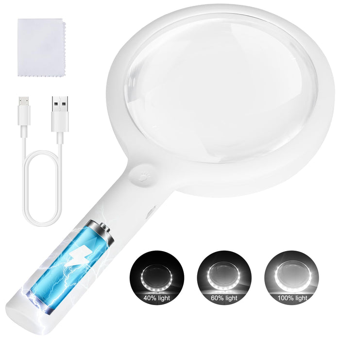 30X Charge Magnifying Glass with Light, NUEYiO 4.33Inch Large Handheld Magnifying Glass 20 Daylight LEDs, Third Gear Dimming Lighted Magnifier for Seniors Reading Inspection Coin Collection Jewelry