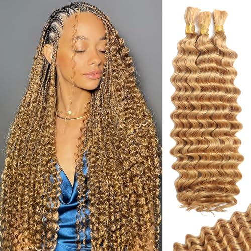 Human Braiding Hair for Boho Braids Human Hair 110g 24 Inch Curly Boho Hair for Braiding Knotless 12A Deep Wave Bohemian 3 Bundles/Pack Caramel Honey Blonde