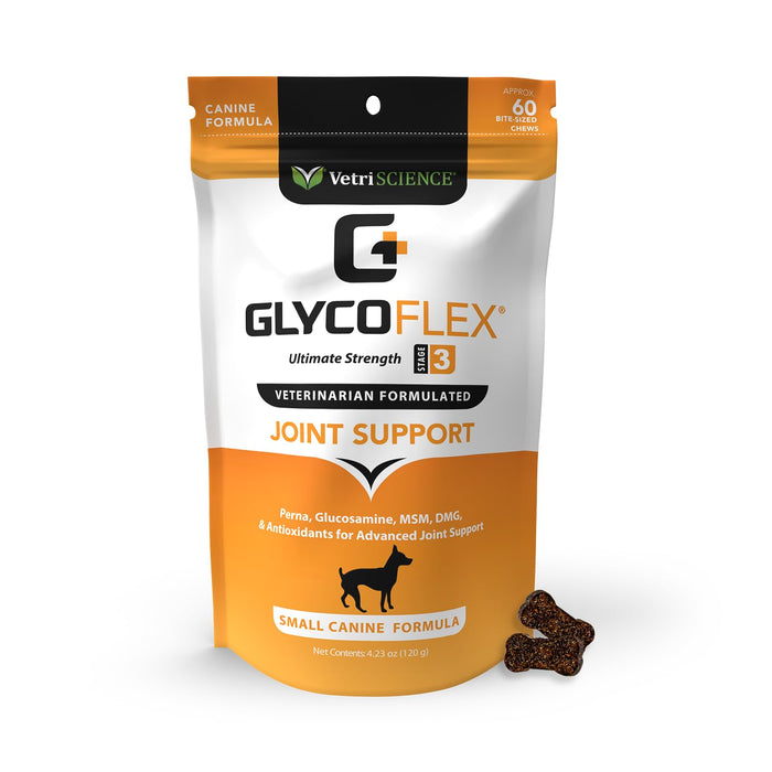 VetriScience Glycoflex 3 Clinically Proven Hip and Joint Support Supplement for Small Dogs - Maximum Strength Dog Supplement with Glucosamine, MSM, Green Lipped Mussel & DMG - 60 Chews,Chicken Flavor