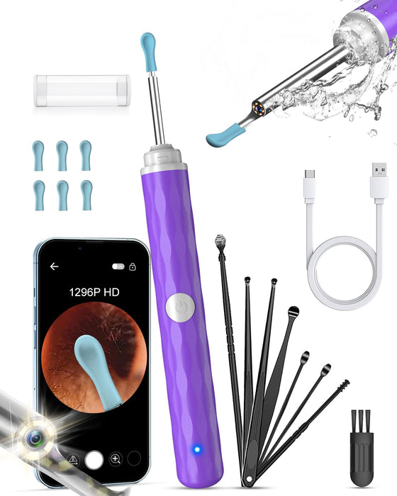 Ear Wax Removal Camera, Kekoy Ear Cleaner 1296P HD Camera, Ear Cleaning Kit with 8pcs Ear Set, Wireless WiFi Otoscope with 6 Lights, Rechargeable Earwax Removal Tool Kit for Adult & Kid（Lavender)