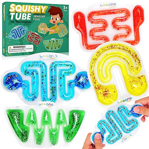 Squishy Sensory Fidget Toys for Kids - Sensory Toys for Autistic Children Special Needs, Stress Anxiety Relief Toys for Calm Down, Squeeze Sensory Tube Filled Goo, Glitter, Christmas Stocking Suffers