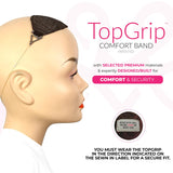 MILANO COLLECTION TopGrip Comfort Band for Small Base Toppers, Adjustable Translucent Strap, Side Openings to Secure Your Wig Topper, Includes Sewing Kit & Clip, Brown, Small