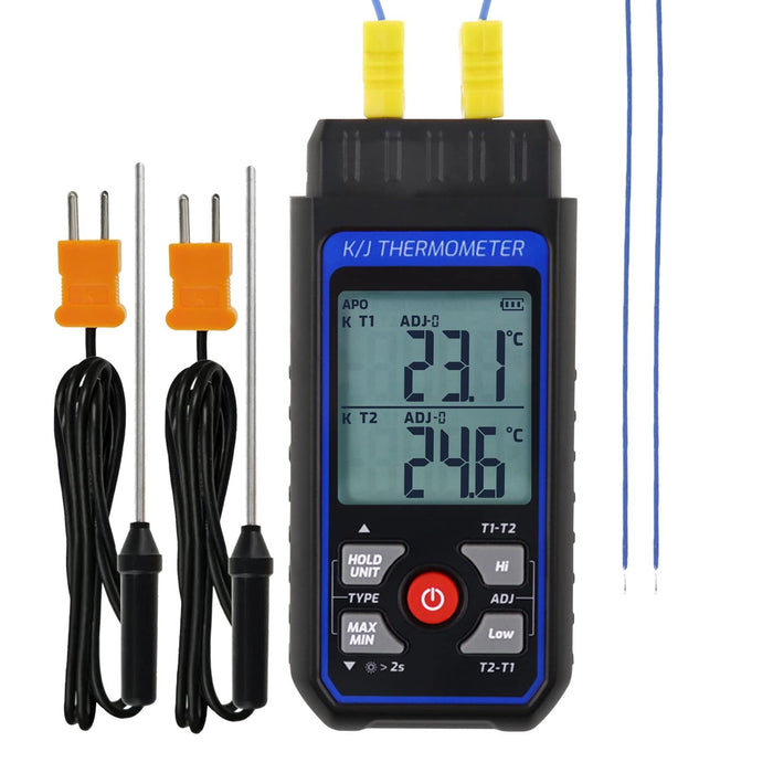 Thermocouple Thermometer Digital Dual Channels K/J type Thermometer with 4 K-Type Thermocouples, -328~2501℉ Measuring Range Temperature Meter HVAC thermometer with Alarm & ADJ Compensation