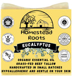 Homestead Roots - Eucalyptus- Handcrafted with Grass-Fed Beef Tallow and Organic Oils - Scented with Organic Essential Oils - Artisanal Bar Soap - 3 Pack - Each Bar Unique