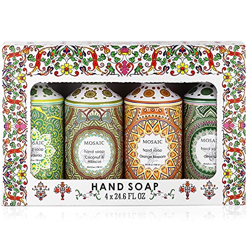 Mosaic Liquid Hand Soap / Wash Gift Set, Ideal Bathroom Kitchen Hand Soap Set , Olive Oil + Coconut & Hibiscus + Gardenia + Orange Blossom, 4 x 24.6 fl oz Each Liquid Soap Bottle