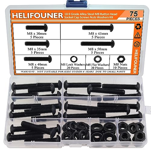 75 Pieces M8 x 30mm /35mm /40mm /45mm /50mm, Button Head Socket Cap Metric Screws Bolts Washers Nuts Kit, 10.9 Grade Alloy Steel, Fully Threaded, Black