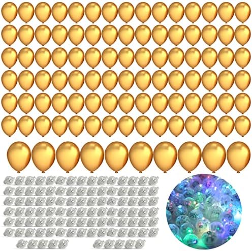 Party Balloons 10inch Metallic Balloon with Multicolor Tiny Led Lights Waterproof Mini Round Balls Lights Flash Ball Lamp for Balloon Birthday Party Wedding Halloween Decorations (100pcs+100pcs, Gold)