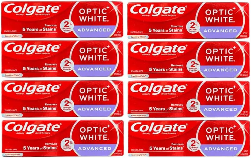 Colgate Optic White Advanced Toothpaste, Removes 5 Years of Stains, 0.75 oz (24g) - Pack of 8