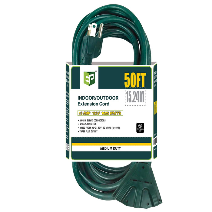 EP 50 Ft Outdoor Extension Cord with 3 Electrical Power Outlets - 16/3 SJTW Green Cable with 3 Prong Grounded Plug for Safety Great for Christmas Lights, Garden and Major Appliances
