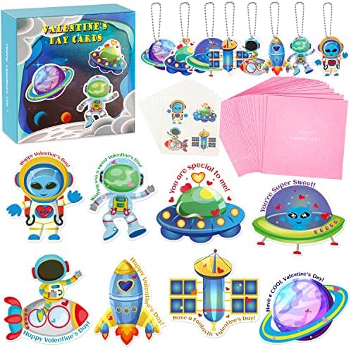Valentines Day Cards for Kids - 32 Valentine Cards + 32 Cute Keychains + 32 Gift Envelopes with Temporary Tattoos, Perfect Space Flight Theme Greeting Exchange Cards for Classmates Party Favors